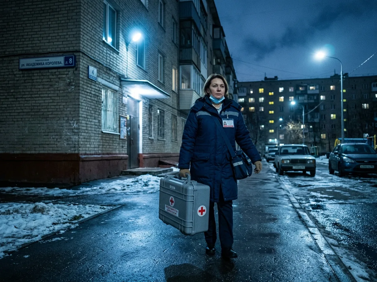 Медицинский специалист-нарколог приезжает на дом с чемоданом медикаментов, тёмная ночная улица Москвы, уверенный профессиональный образ, синий цветовой тон