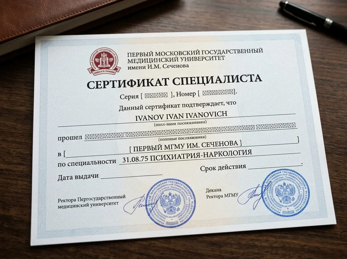 Сертификат специалиста психиатра-нарколога, документ об образовании, Первый МГМУ имени Сеченова, официальный бланк