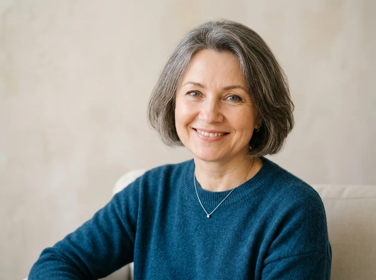 Аватар женщины около 50 лет, добрый взгляд, нейтральный светлый фон, фото для профиля отзыва